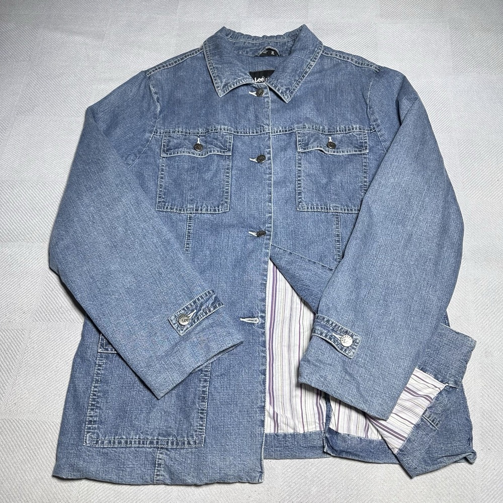 Lee Riveted Denim Jacket Womens XL‎ Blue Jean Striped Lined Chore Coat Pockets